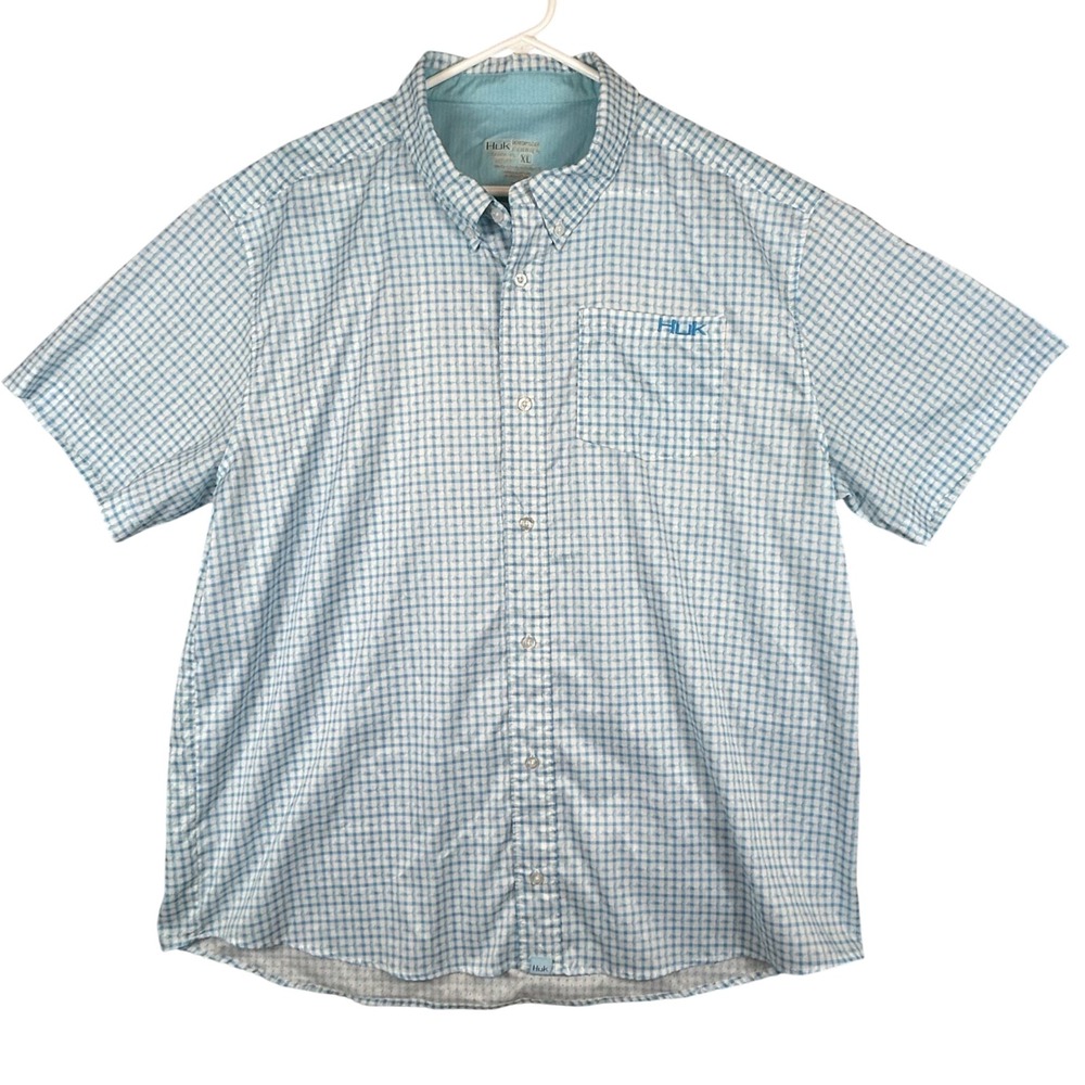 Huk Men Performance Fishing Shirt XL Blue White Gingham Short Sleeve Button Down